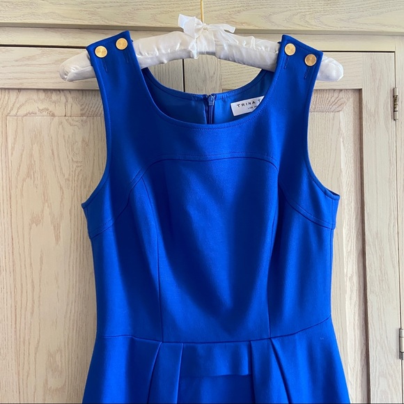 Trina Turk Blue Sleeveless Knee-length Dress with Gold Buttons | Size 4 - Picture 2 of 7